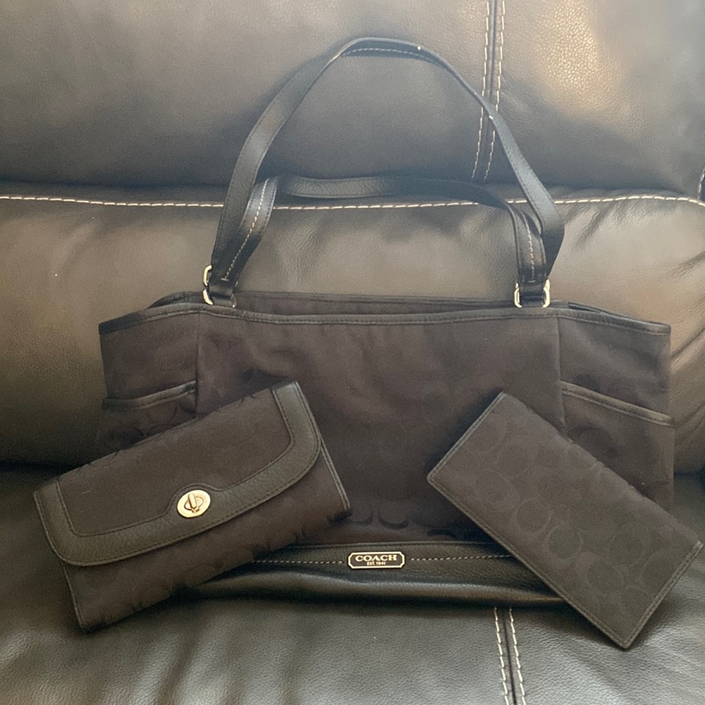 Coach Black Signature Handbag with wallet and checkbook wallet